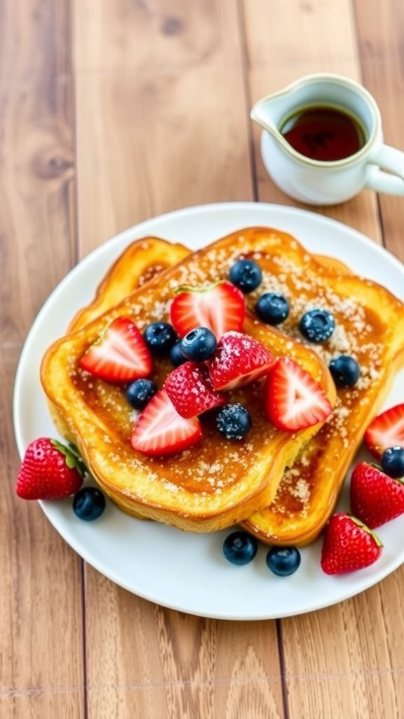 Air fryer baked French toast topped with powdered sugar and fresh berries, served with maple syrup.